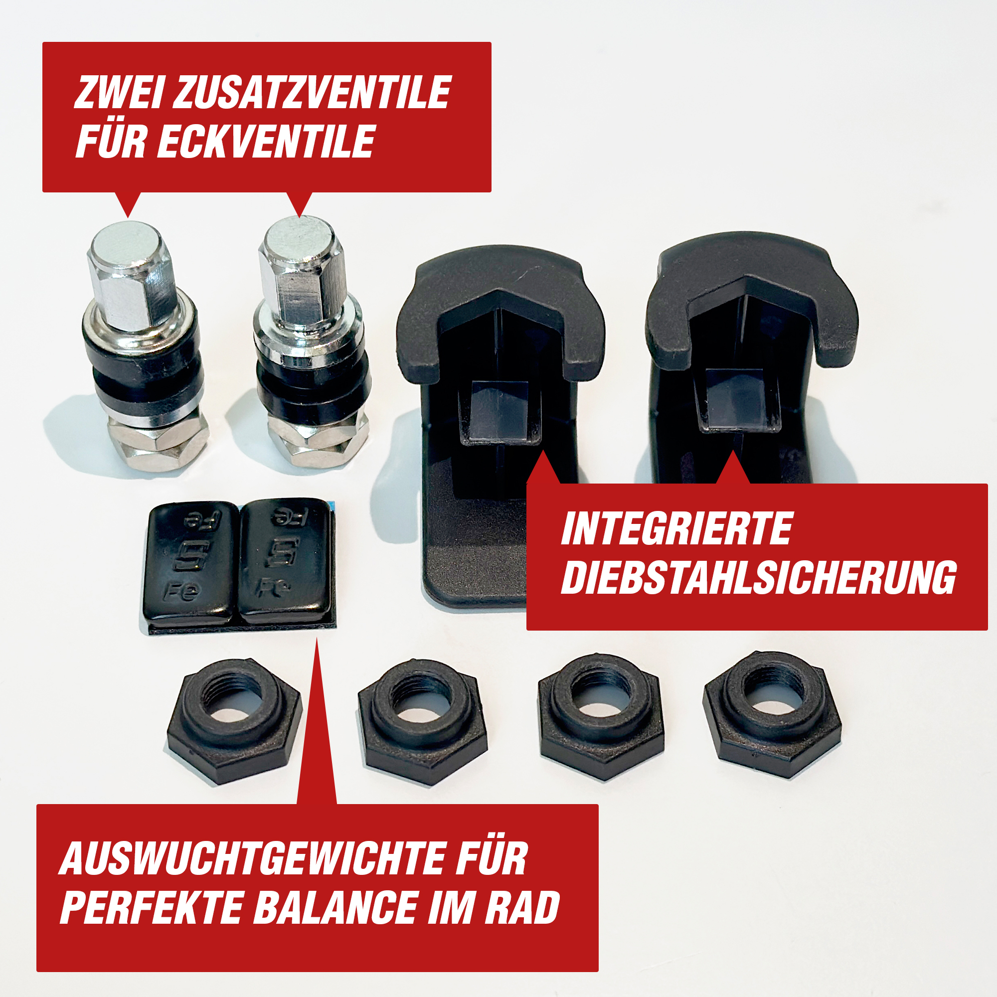 TireGuard Lieferumfang: Zusatzventile, Diebstahlsicherung, Auswuchtgewichte