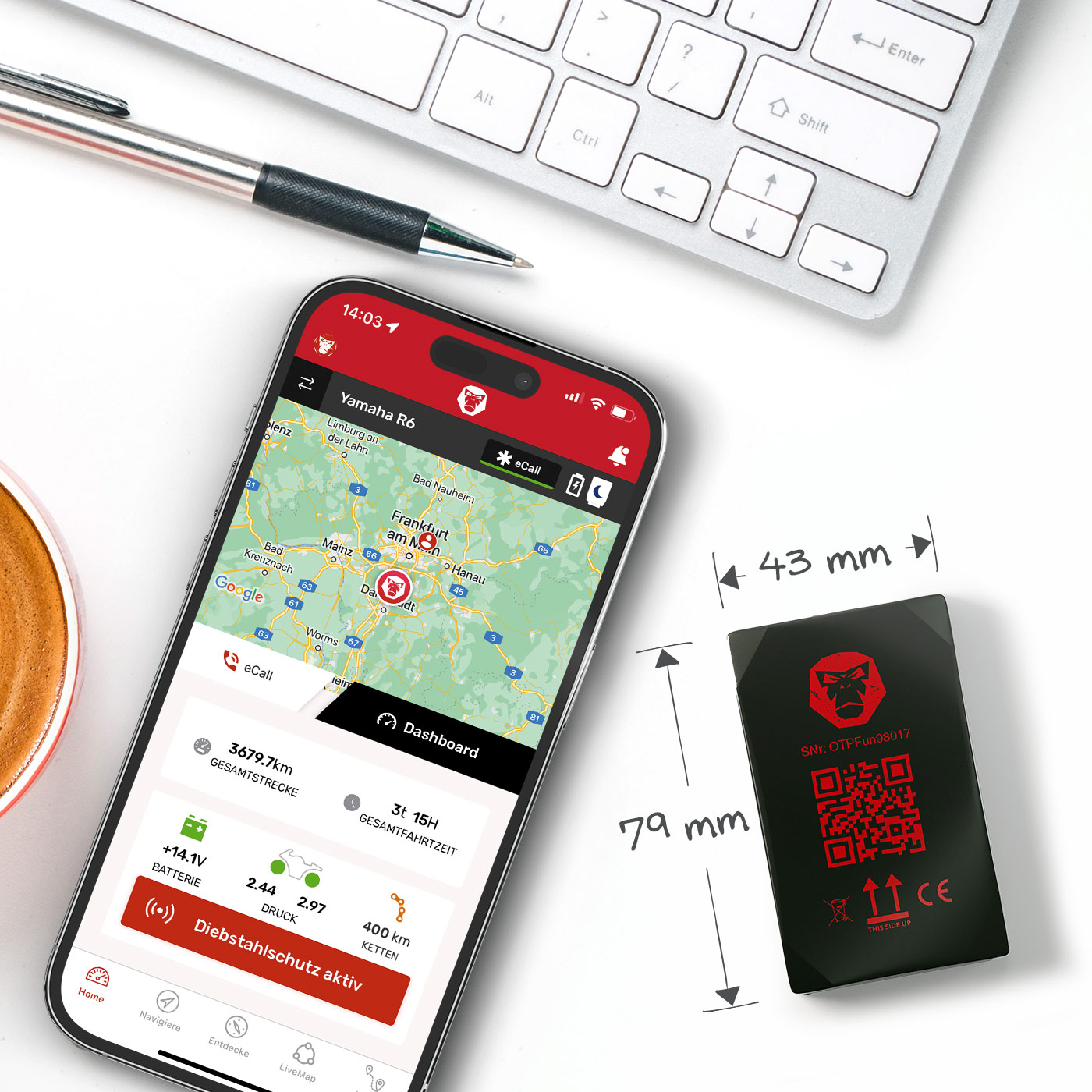 GPS Tracker ohne Abo Vergleich – RideLink WingMan Free App Dashboard